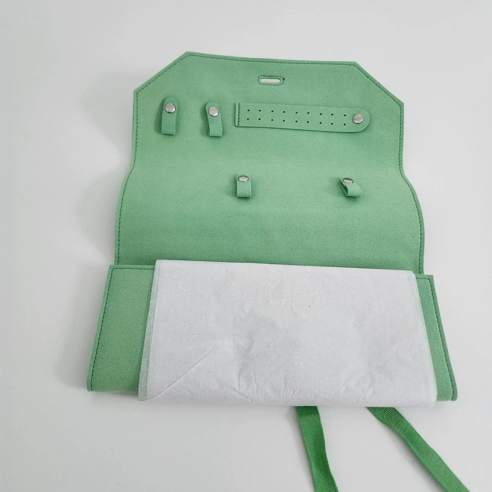 Swarovski Mint Green Faux Suede Travel‎ Jewelry Roll Organizer Ribbon Tie NEW